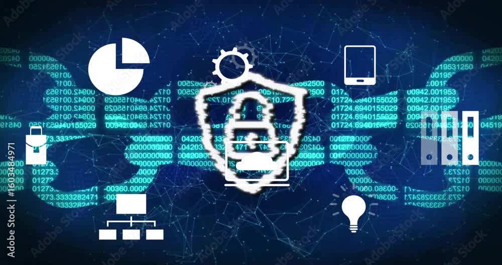 Poster Scrolling code initiating cloud icon glitching into shield-padlock icon ensuring data protection