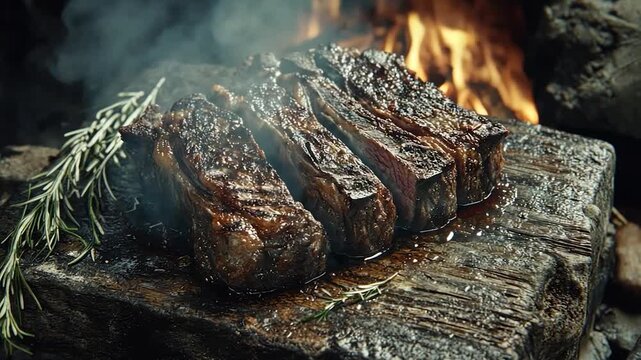 Sizzling steak on a rustic wooden board over a fire