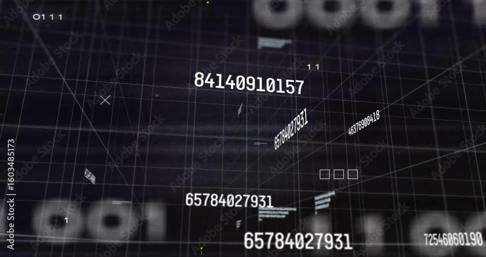 Aufkleber numbers drifting on dark grid starting circuit lines emerging and pulsing visualizing data flow
