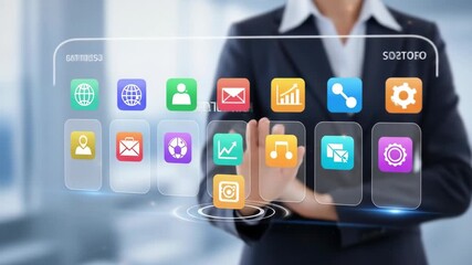 Businesswoman Interacting with Digital App Icons on Holographic Interface - Powered by Adobe