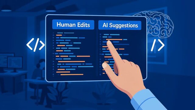 AI software developer collaboration enhancing coding and programming through advanced digital technology with human edits and AI suggestions on screen