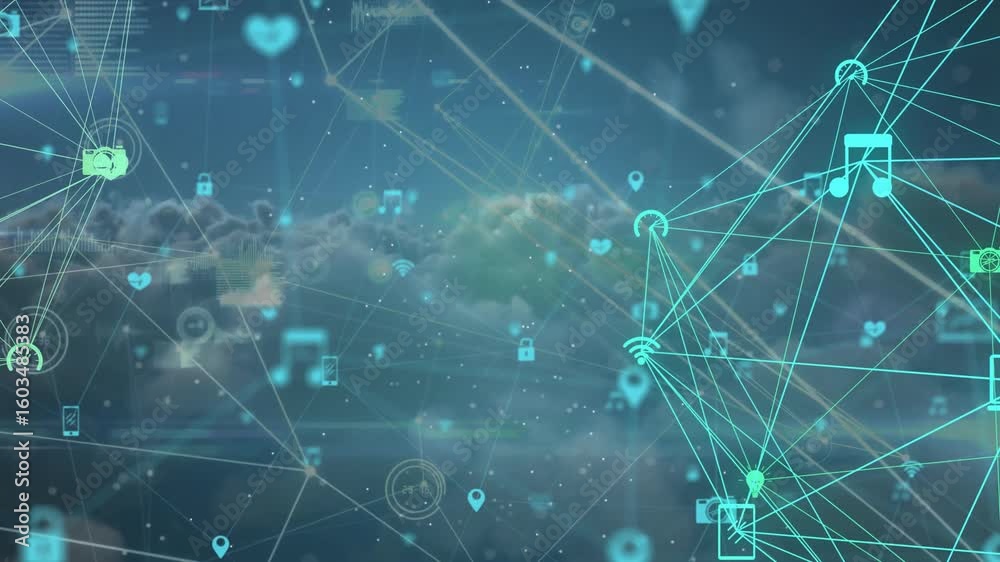 Poster network mesh materializing over clouds, pulsing icons linking and rotating visualizing data flow