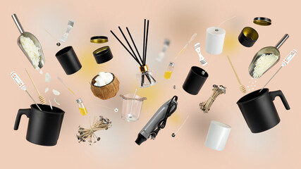 Candle making supplies, tools and ingredients fly on soft pastel background. Wax flakes, pitchers, wicks, coconut wax and aroma oil. Concept of set for eco DIY craft, handmade fragrance soy candles