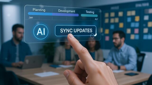 AI software developer collaboration sync updates planning development testing project management team office meeting virtual screen interaction