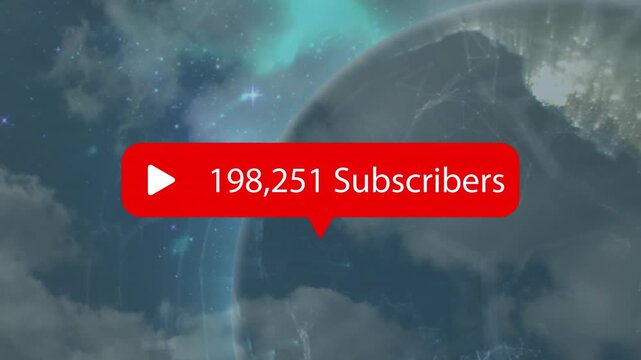 Fading in red subscriber badge with play icon over rotating globe updating counts to show growth