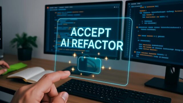 AI software developer collaboration with hand and finger pressing virtual keyboard button on computer for seamless programming environment integration