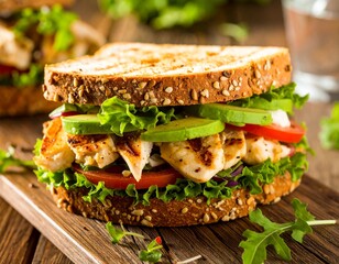 Healthy Sourdough Sandwich with Fresh Vegetables and Grilled Chicken