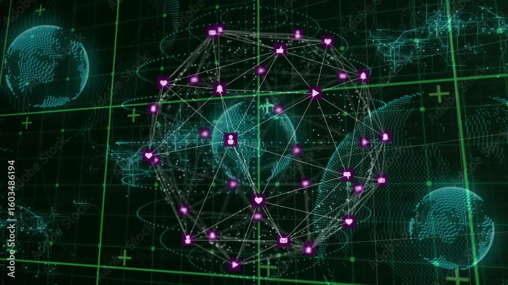Poster upon grid activation network sphere rotating, pulsating and drawing icons visualizing connectivity