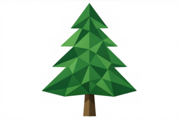 Green geometric pine tree with wooden trunk positioned on clear backdrop, ideal for festive seasonal graphics