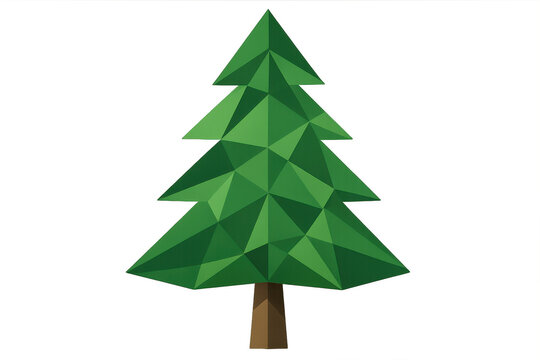 Green geometric pine tree with wooden trunk positioned on clear backdrop, ideal for festive seasonal graphics
