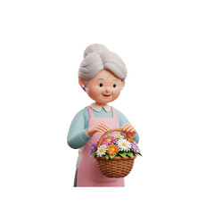A cheerful elderly woman proudly displays a basket brimming with colorful wildflowers.