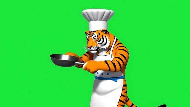 Cartoon Tiger Chef with Frying Pan - Green Screen