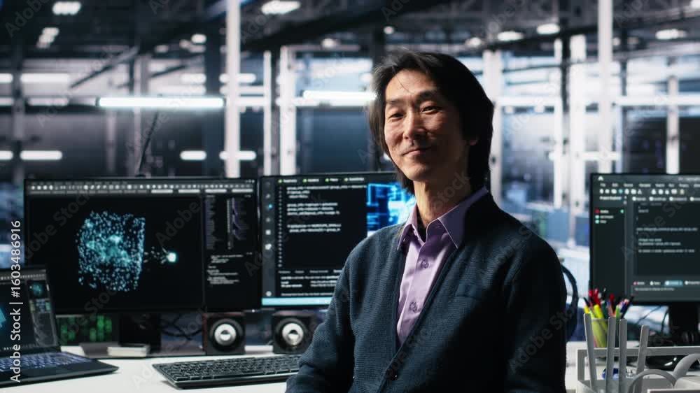 Poster smiling data center manager filming presentation, showcasing equipment using ai tech. happy business