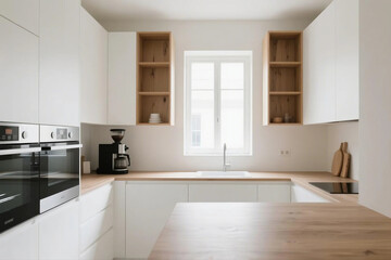 Bright, modern kitchen featuring white cabinets, light wood countertops, a window, and built-in appliances.