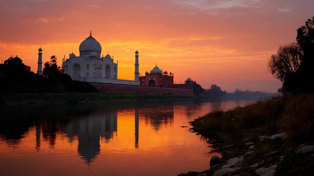 The stunning view of the Taj Mahal illuminated by a vibrant sunset reflects beautifully on the still waters, creating a breathtaking and serene atmosphere.