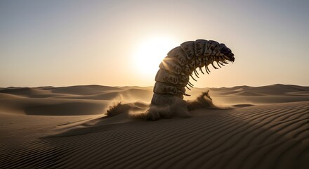 A colossal sandworm breaches the desert surface, silhouetted against the setting sun, kicking up sand.