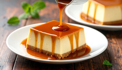 Caramel cheesecake squares being drizzled with caramel sauce