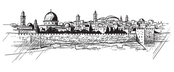 Fototapeta premium jerusalem cityscape tall building engraving sketch vector illustration