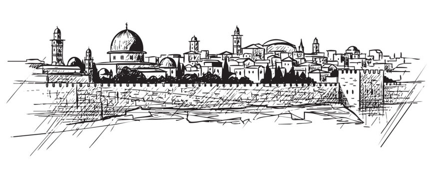 jerusalem cityscape tall building engraving sketch vector illustration