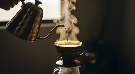 Pour Over Coffee Brewing Process, Steaming Hot Water