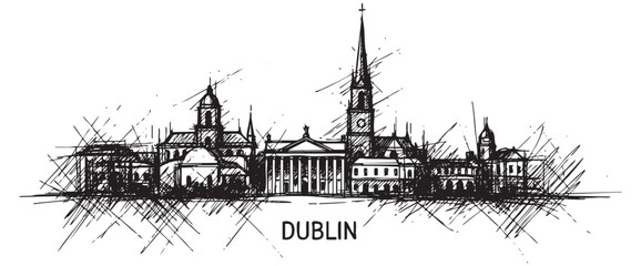 Obraz premium dublin ireland cityscape tall building engraving sketch vector illustration