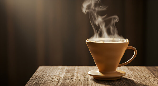 Aromatic Coffee Steam Rising from Ceramic Pour Over Dripper on Rustic Wood
