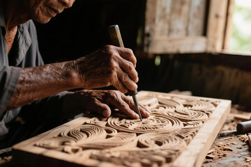 An elderly artisan's hands meticulously carve intricate patterns into a wooden panel, showcasing traditional craftsmanship.