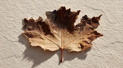 Dried maple leaf with curled edges casting shadow on textured beige wall.

