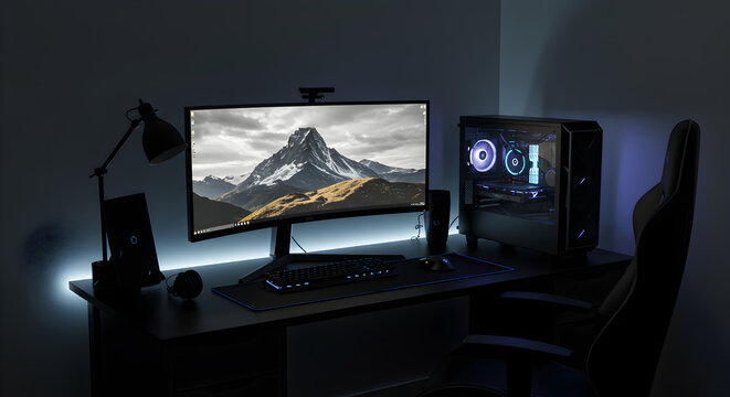Modern Gaming Setup with Mountain Landscape Desktop Wallpaper