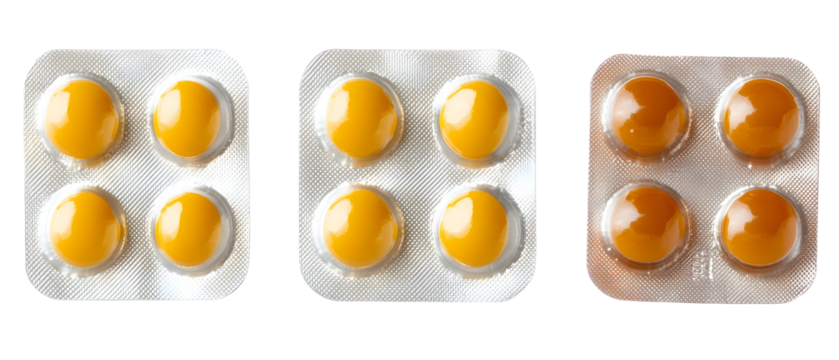 Three Sets of Pharmaceutical Tablets in Blister Packs on Transparent Background