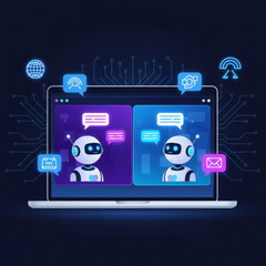 Fototapeta premium Two AI chatbots converse on a laptop screen, showcasing digital communication and technological advancement.