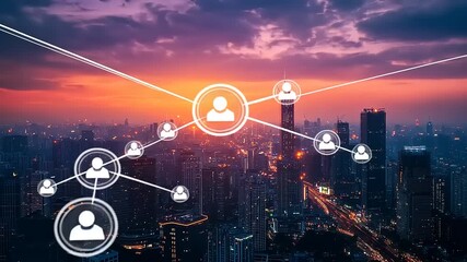 Urban skyline at sunset with social network connections illustrating digital communication trends - Powered by Adobe
