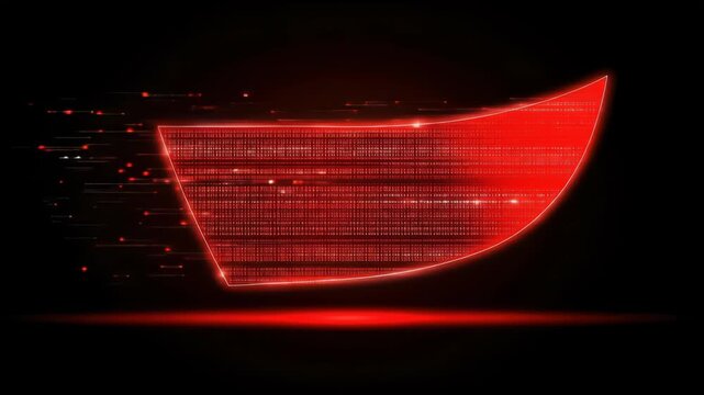 Abstract red glowing shape with motion trails on black background. Futuristic digital design, with energy and data transfer effects.