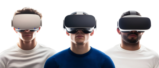 Three People Wearing Virtual Reality Headsets Against Transparent Background with White and Blue Shirts