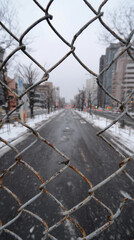 Looking through a rusty fence at an empty city street in winter