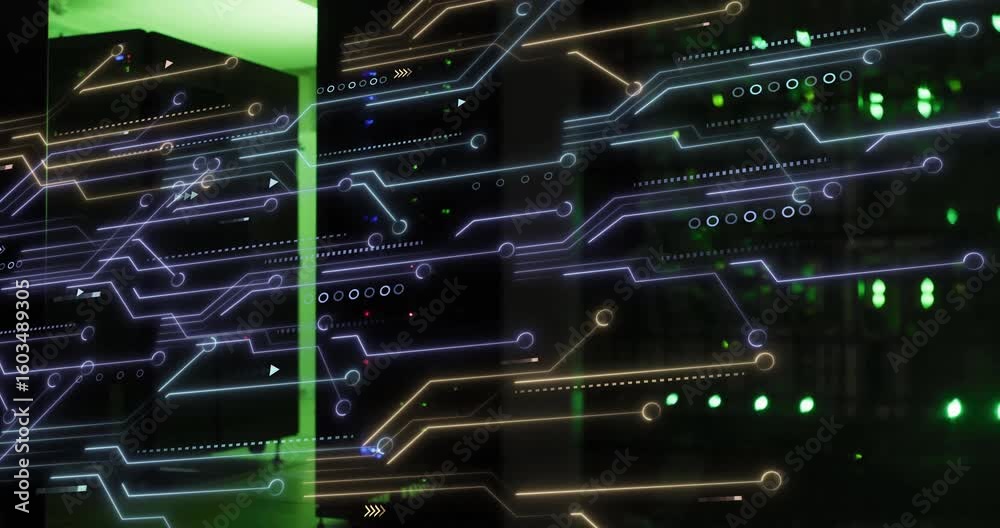 Poster overlay fading in on server racks leds blinking as pulses racing circuit paths showing network flow