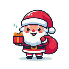 Santa Claus Holding Gift, Flat Cartoon Vector Illustratio