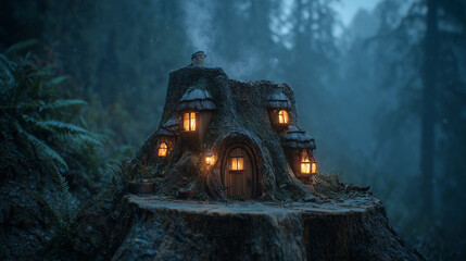 Enchanting tree stump house in misty forest a whimsical fantasy home architecture photography and design
