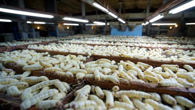 The breeding scene of a large number of silkworms in the silkworm room and the scene of a good harvest of silkworm cocoons