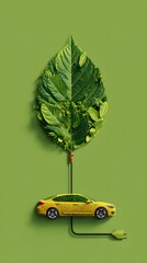 Green car made of grass and leaves is charging. - Representing electronic energy or sustainable power.showcasing sustainable transportation and ecofriendly automotive design.