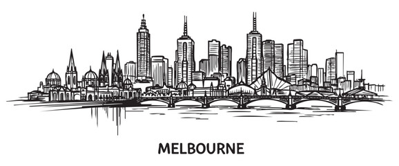 Obraz premium melbourne australia cityscape tall building engraving sketch vector illustration