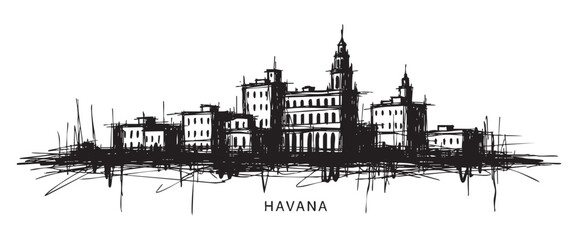 Obraz premium havana cuba cityscape tall building engraving sketch vector illustration