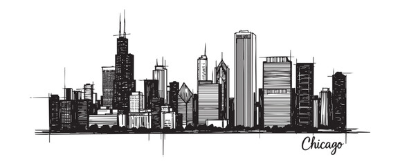 Obraz premium chicago usa cityscape tall building engraving sketch vector illustration