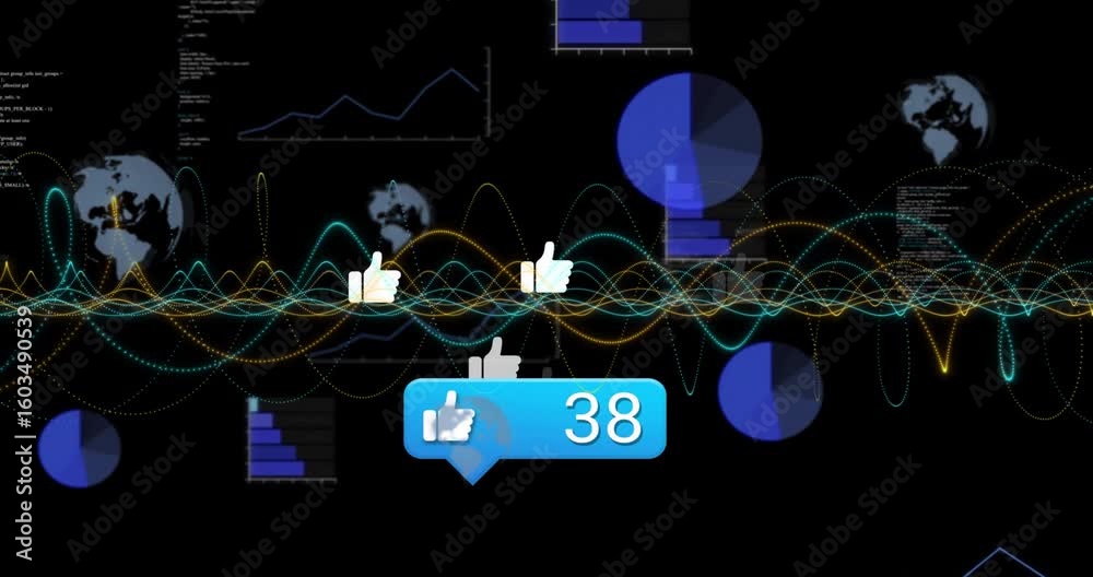 Poster showing waving waves after pause fading blue bubble adding thumbs-up icons and raising like count