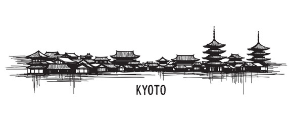 kyoto japan cityscape tall building engraving sketch vector illustration