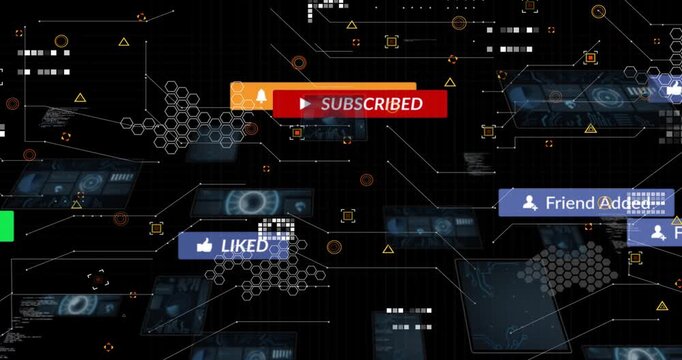 UI icons floating on grid, markers and play icon sliding, cursor subscribing, alerts cascading