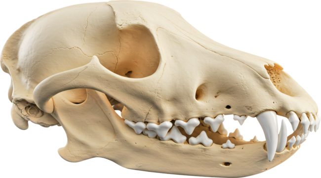 Detailed Canine Skull Profile with Prominent Canines and Visible Sutures.