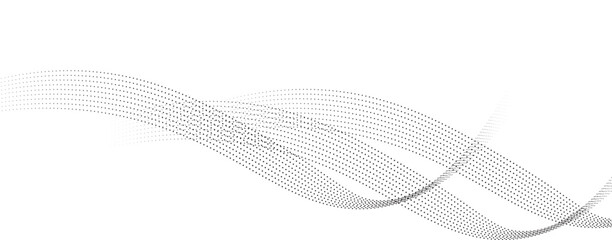 Dotted wave line background. Black halftone undulate pattern. Abstract particle flow wave wallpaper. Curved dashed gradient net design element for poser, banner, booklet, flyer. Vector