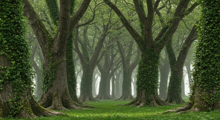 Lush trees, misty path