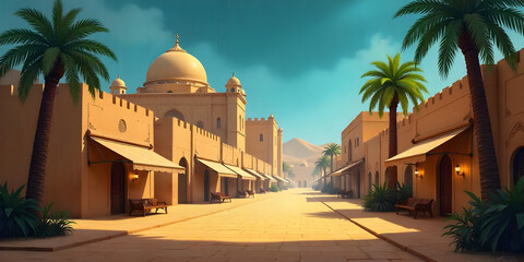 Ancient arab city with market and palace in the desert. Modern cartoon illustration of yellow traditional houses, an antique castle, mosques, palm trees.